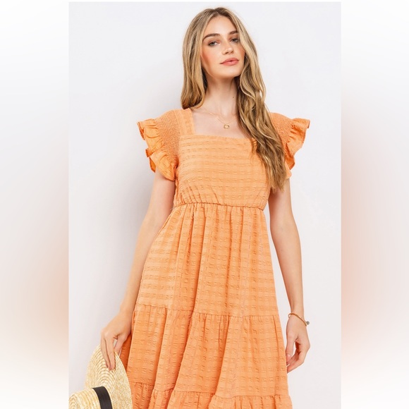 05 Beautiful Textured Tiered Ruffle Sleeve Midi Dress - Picture 6 of 6